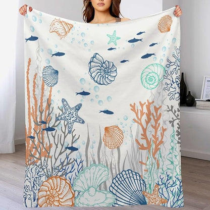 Nautical Coastal Blanket, Starfish Seashell Coral Beach Themed Drapes Ocean Orange Blue Teal Conch Print Throw Blankets for Sofa Couch Bed Room Birthday Decor, 50"x60"