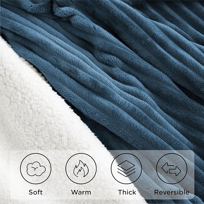 Sherpa Throw Blanket for Couch - Soft Cozy Fleece, Warm for Winter, Reversible for Sofa, 50 x 60 Inches, Washed Blue