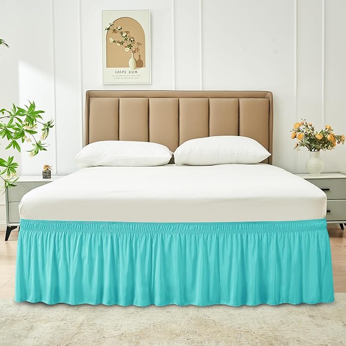 Biscaynebay Wrap Around Bed Skirts for King & Cal King Beds 17" Long Drop, Aqua Adjustable Elastic Dust Ruffles Easy Fit Wrinkle Resistant Silky Luxurious Fabric Machine Washable