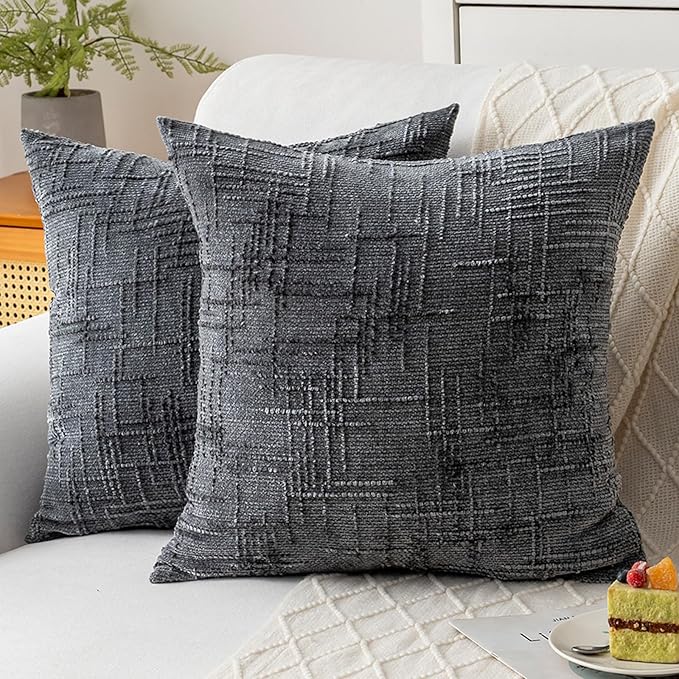 Decorative Throw Pillow Covers 22x22 Inch Set of 2, Soft Solid Farmhouse Chenille Couch Pillows, Spring Pillow Covers for Couch Sofa Bed Living Room Home Decor Pillowcase, Dark Gray