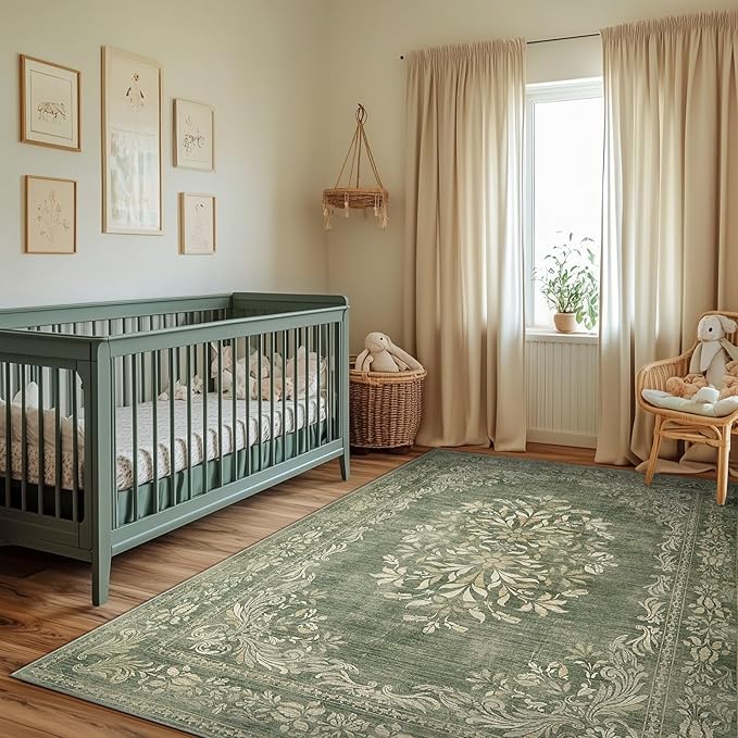 jinchan Floral 6x9 Green Area Rugs for Living Room - Machine Washable Vintage Distressed Design Soft Throw Rug Non-Slip Large Christmas Carpet for Bedroom Home Office Nursery (6x9ft, Dark Green)