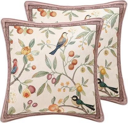 Square Pink Farmhouse Throw Pillow Covers Pack of 2,Birds and Flowers Pattern Cozy Velvet Pillowcases,Decoration Pillows Cushion Covers for Couch Sofa Bed Car Chair,18"x18"