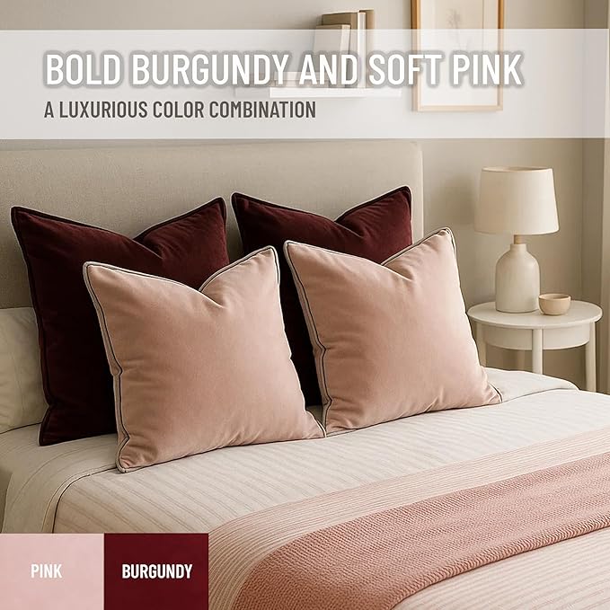 2 Pack Velvet Decorative Throw Pillow Covers, 12"x20", Pink and Grey, Solid, Modern, Contrast Piping, Indoor Use, Bedroom & Living Room