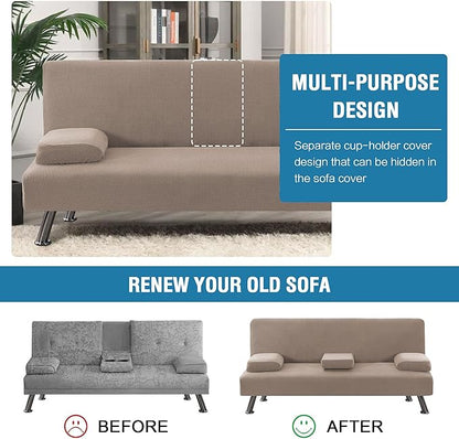 H.VERSAILTEX 4 Pieces Stretch Futon Covers Sofa Bed Slipcover with Removable Armrests and Cupholders Covers Furniture Protector High Spandex Small Checks Jacquard Fabric, Sand