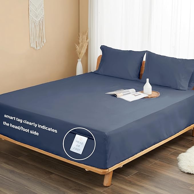 Sunflower Queen Fitted Sheet, 1-Piece Extra Deep Pocket Fitted Bottom Sheet 22", 100% Cotton Sateen Soft Breathable, Blue Indigo