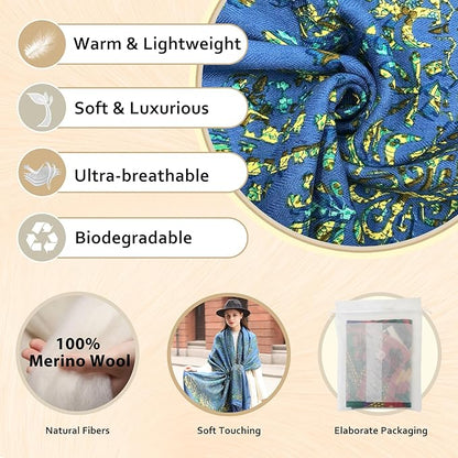 DANA XU 100% Merino Wool Pashmina Shawl for Women 96"x43", Oversized Cashmere Wrap with Tassels, Floral Travel Blanket Cape