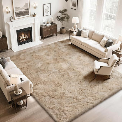 Fluffy Rug Shaggy Area Rug, Beige 9x12 Area Rugs for Living Room, Large Shag Area Rugs for Bedroom Kids Room Home Decor, Upgrade Anti-Skid Rectangular Fuzzy Rugs