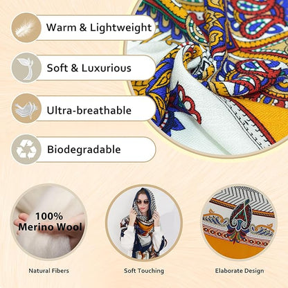 DANA XU 100% Merino Wool Extra Large Pashmina Blanket Travel Scarf Cashmere Wrap for Women Fall Winter Oversize Shawl Floral