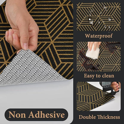 Shelf Liners for Kitchen Cabinets 17in x 20FT, Non Adhesive Cabinet Liner Strong Non-Slip Black Gold Geometric Drawer Liner, Easy to Clean for Shelf, Cabinet with Knife and Tape Measure