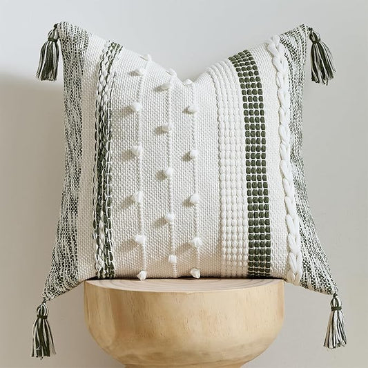 Boho Pillow Cover 18x18 Olive Green - Handmade Woven Textured Throw Pillow Case with Cordings & Tassels, Decorative Accent for Couch Sofa Farmhouse Living Room Home Decor