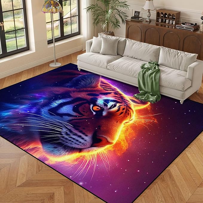 5' X 7' Galaxy Tiger Rug 3D Fierce Tigers Area Rugs for Bedroom Living Room Playroom Gameroom Boys Kids Fire Glitter Carpet Throw Rugs Floor Mat