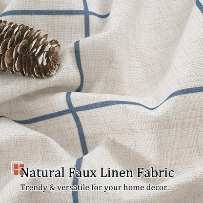 Navy Blue Linen Blackout Curtains for Living Room - Boho Plaid Pattern Thermal Insulated Grommet Cottage Core Window Treatments Rustic Drapes for Farmhouse, 52x84 Inch 2 Panels