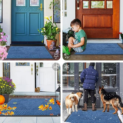 Smiry Front Door Mat Outside Entrance, Heavy Duty Sturdy Natural Rubber Doormat, Trap Dirt and Moisture, Easy Clean Low Profile Mats for Indoor Outdoor Entry, Irregular Triangle (36x24, Blue)