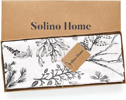 Solino Home 100% Pure Linen Christmas Table Runner 90 Inch Long - Black/White Table Runner 14 x 90 Inch - Handcrafted and Machine Washable - Winter Forest Print