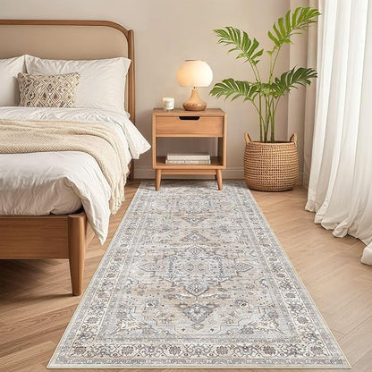 Runner Rug Kitchen Washable Rugs: 3x10 Non-Slip Boho Soft Vintage Stain Resistant Indoor Floor Neutral Farmhouse Throw Carpet for Hallway Bathroom Laundry Room Entryway Bedroom- Ivory Gray