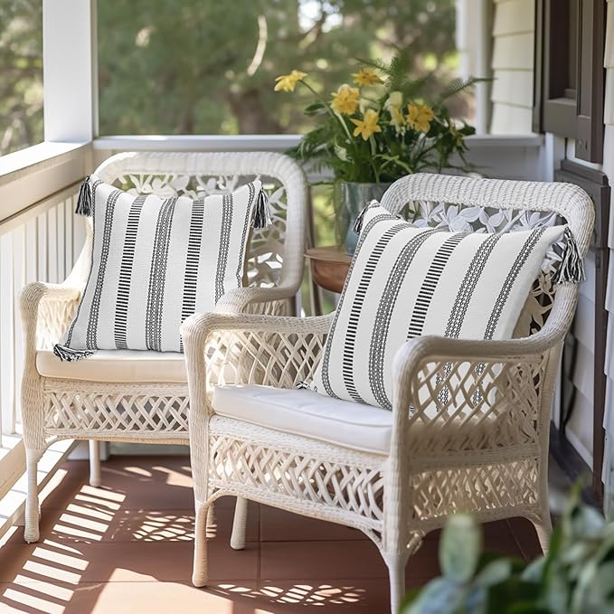 Smile Bee Boho Outdoor Couch Throw Pillow Covers Set of 2, Decorative Lumbar Thick Woven Striped Accent Neutral Pillow Covers with Tassels for Bed Sofa Home Decor, 12x20 Inch, Black and Cream White