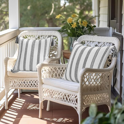 Smile Bee Boho Outdoor Couch Throw Pillow Covers Set of 2, Decorative Thick Woven Striped Accent Neutral Pillow Covers with Tassels for Bed Sofa Home Decor, 20x20 Inch, Black and Cream White