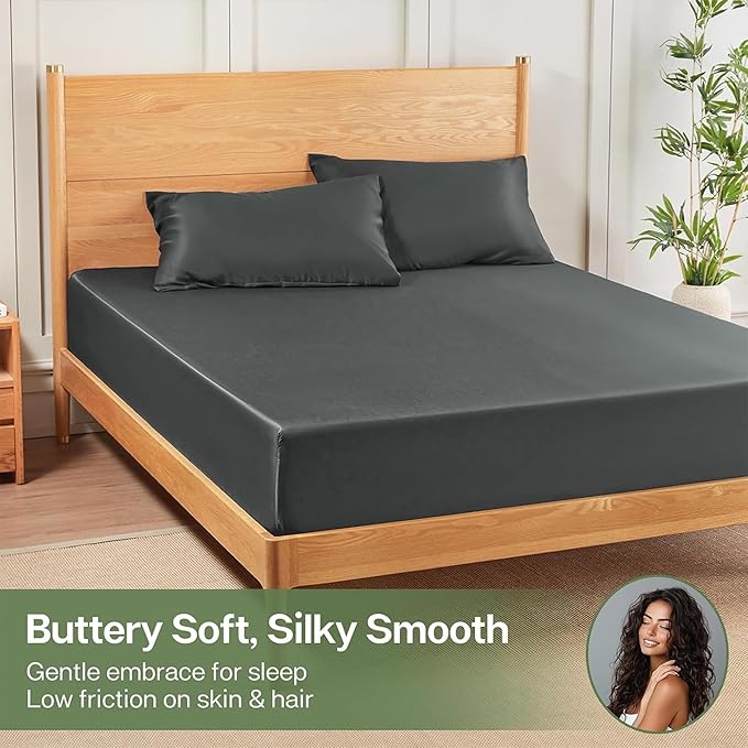 MR&HM Fitted Sheet & Pillowcase Set Queen, 3-Piece Blend Rayon Derived from Bamboo, Silky Soft & Breathable, 15" Deep Pocket with Elastic Straps, Cooling Sheets for Hot Sleepers, Dark Grey