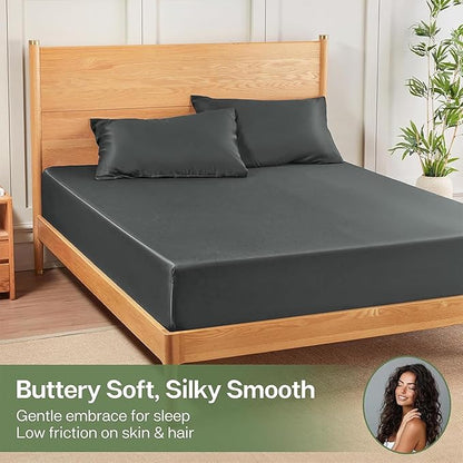 MR&HM Fitted Sheet & Pillowcase Set Queen, 3-Piece Blend Rayon Derived from Bamboo, Silky Soft & Breathable, 15" Deep Pocket with Elastic Straps, Cooling Sheets for Hot Sleepers, Dark Grey