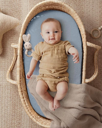 Blissful Diary Muslin Bassinet Sheets for Baby Girls Boys, Boho Soft Cotton Fitted for Oval Hourglass Rectangle Mattress, 2 Pack(Light Blue&Grey)