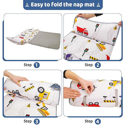 Viviland Toddler Kid Nap Mat for Preschool, Boys Car Truck Slumber Bag, Daycare Sleeping Bag with Pillow and Blanket, Kindergarten Sleep Mat