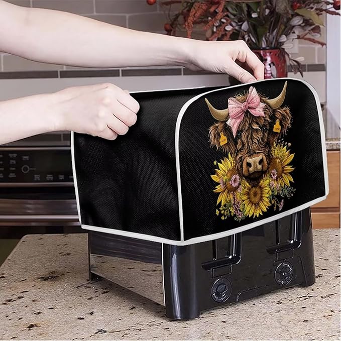 ZFRXIGN Sunflower Cow Toaster Cover 4 Slice Small Appliance Covers Kitchen Microwave Oven Dust Cover Case Protector Western Highland Cattle Toaster Covers Home Decorations Black