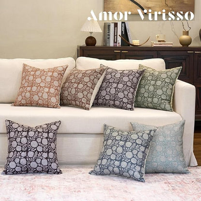 Amor Virisso Floral Pillow Covers 20x20 Throw Pillow Covers Vintage Block Print Pillow Cover Neutral Couch Pillows for Living Room Farmhouse Decorative Accent Sofa Pillows, Dark Brown