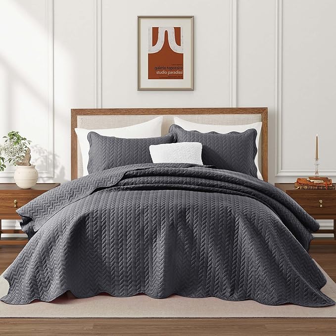 IR Imperial Rooms King Quilt Bedding Set Size (106" x 96") + 2 Pillow Shams (20" x 36"+ 2") - 3 Pcs All Season Lightweight Reversible Microfiber Coverlet Embossed Quilt Bedspread (Charcoal)