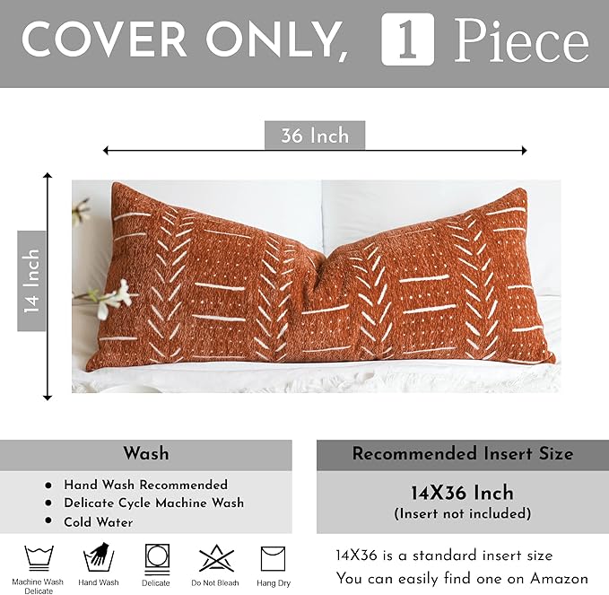 BlissBlush Fall Brick Red Boho Lumbar Throw Pillow Cover 14X36, Decorative Long Accent Body Lumbar Pillow for Bed, Farmhouse Woven Soft Chenille Textured Lumbar Pillowcase for Couch (Cover ONLY)