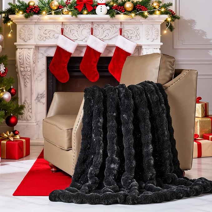 Lotus Karen Faux Fur Throw Blanket Black - Big Bubble Rabbit Fluff Blanket for Couch, Small Fluffy Fuzzy Cozy Blanket, Thick Furry Plush Shaggy Blankets, 50x60 Inches