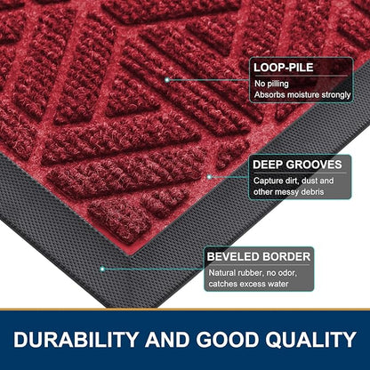 Smiry Front Door Mat Outside Entrance, Heavy Duty Sturdy Natural Rubber Doormat, Trap Dirt and Moisture, Easy Clean Low Profile Mats for Indoor Outdoor Entry, Grid Geometric (47x32, Wine Red)