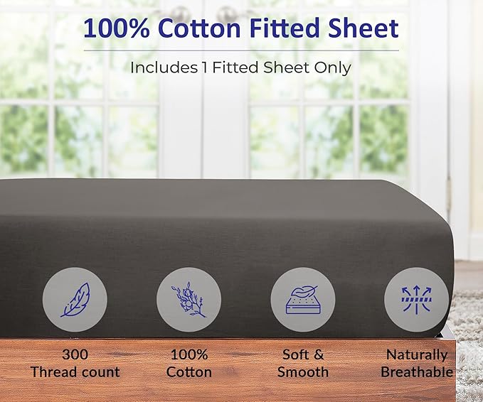 ROYALE LINENS 300 Thread Count 100% Long Staple Combed Cotton Fitted Sheet Twin XL - Super Soft Deep Pocket Bottom Sheet - Fitted Sheets Only - Elastic Sheets (Twin XL, Grey)