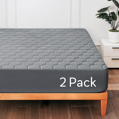 Hearth & Harbor 2 Pack Queen Size Quilted Fitted Mattress Pad Cover, 100% Waterproof Mattress Protectors, Deep Pocket Fitted Mattress Cover 8" - 21" (60" x 80", Gray)