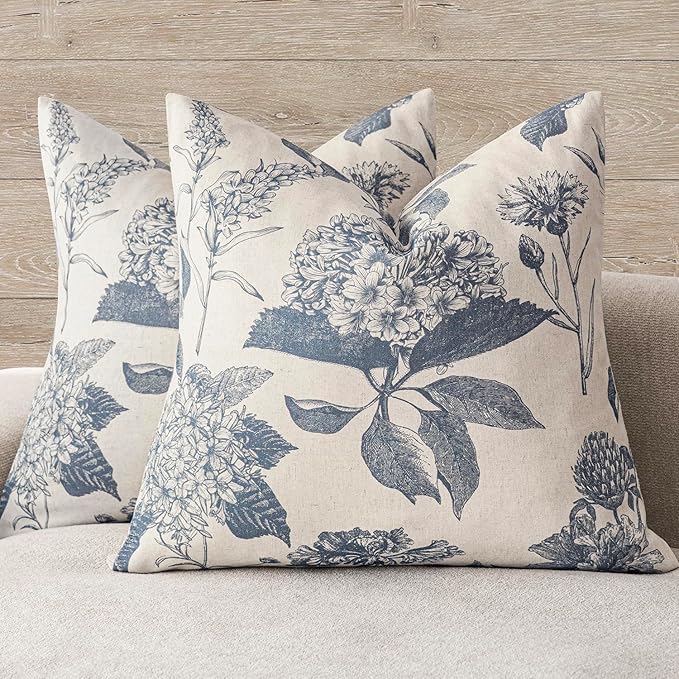 Foindtower Set of 2 Linen Floral Vintage Throw Pillow Covers Neutral Accent Print Decorative Cushion Covers Farmhouse Boho Home Decor for Sofa Chair Couch Bedroom Living Room,18×18 Inch,Blue