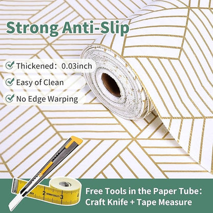 Shelf Liners for Kitchen Cabinets 23.6 in x 30 FT, Non Adhesive Cabinet Liner Strong Non-Slip Thickened Gold Geometric Drawer Liner, Easy to Clean for Shelf