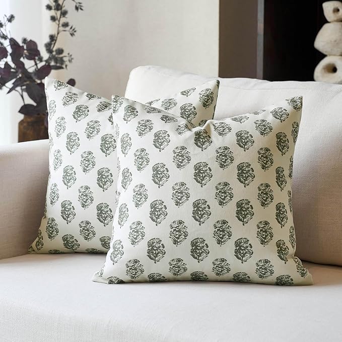 DOMVITUS Set of 2 Floral Pillow Covers 20x20, Block Print Pillow Covers Vintage Neutral Decorative Farmhouse Throw Pillow Covers for Couch Bed Living Room Dusty Green