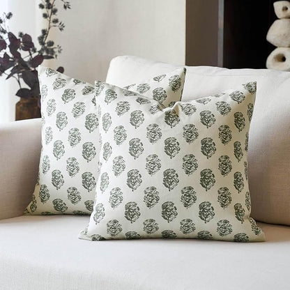 DOMVITUS Set of 2 Floral Pillow Covers 20x20, Block Print Pillow Covers Vintage Neutral Decorative Farmhouse Throw Pillow Covers for Couch Bed Living Room Dusty Green