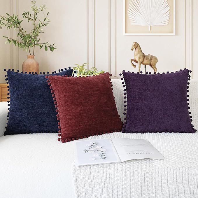 CaliTime Christmas Throw Pillow Covers Decorative 18 X 18 Inches Pack of 2 Cozy Solid Dyed Soft Chenille Cushion Cases with Pom Poms for Couch Sofa Bed Living Room Home Burgundy