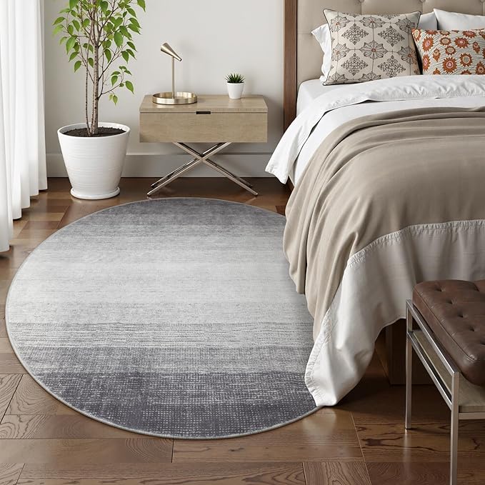 Wonnitar Modern Ombre Round Rug 4ft, Washable Grey Round Kitchen Area Rug Non-Slip Soft Circle Entry Throw Mat, Contemporary Non-Shedding Low Pile Carpet for Bedroom Laundry Bathroom (Grey, Round 4ft)