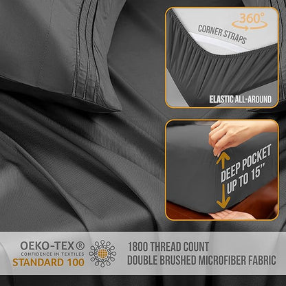 Twin Sheets Set - Luxury Hotel Bed Sheet - Soft Cooling Sheets with Elastic Corner Straps - Deep Pockets Microfiber Bedsheets - Bedding Sheet & Pillowcases Sets - 3 PC (Twin Size, Gray)