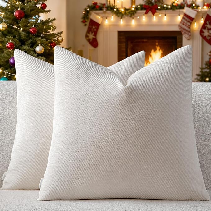 a moment Pack of 2 Decorative Chenille Throw Pillow Covers with Twill Cushion Covers for Sofa Living Room Couch Bed 18x18 Inch Raw White