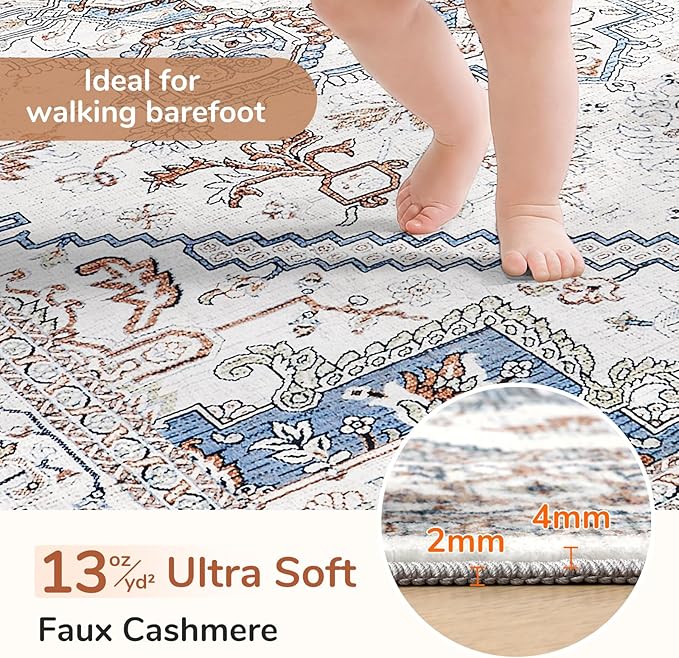 OPPODREAM Thin Entryway Rug 2x12, 2x12 Rug Runner, Neutral Washable Hallways Carpet 2 x 12 with Non Slip Backing, Low-Pile Bedside Carpet 2 x 12, Long, Faux Cashmere, Cream White & Blue & Light Brown