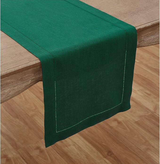 Solino Home Linen Rainforest Green Hemstitch Table Runner 48 Inches - 100% Pure Linen Small Table Runner 14 x 48 Inch Ideal for Dresser and Coffee Tables - Classic Hemstitch - Christmas, New Year