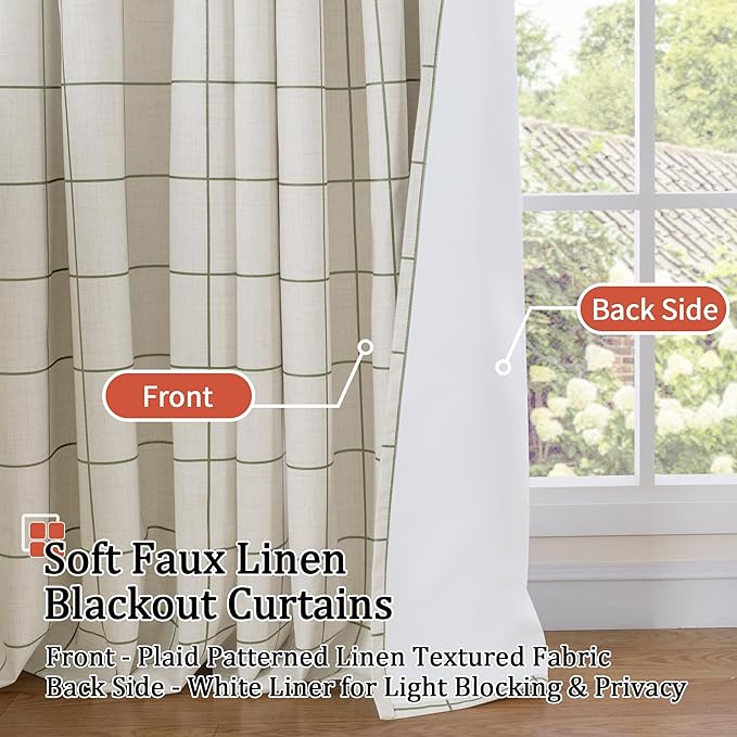 Plaid Curtains Pattern Printed 90 Inches Long - Total Linen Blackout Curtains for Living Room, Boho Grommet Drapes for Farmhouse Thermal Drapery 52x90 Inch 2 Panels, Dark Green