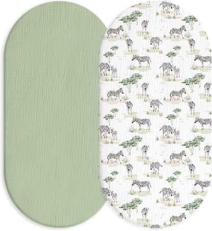Muslin Bassinet Fitted Sheets, 2 Pack for Baby Boy and Girl, Soft Breathable Baby Pad/Mattress Sheet, Fit for Hourglass Oval and Rectangle Bassinet Mattress (Cute Zebra)
