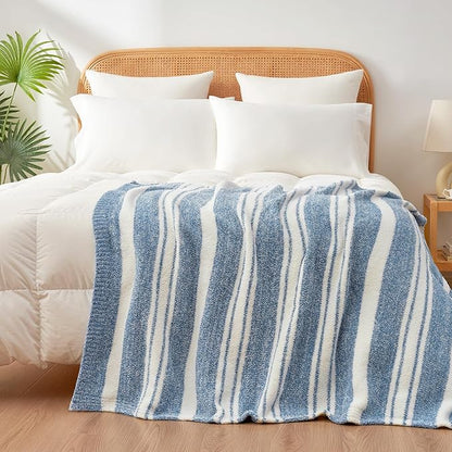 Snuggle Sac Knitted Throw Blanket for Couch, Reversible Super Soft Microfiber Blankets Warm Cozy Knit Fuzzy Plush Lightweight Throws for Sofa, Bed, Camping, Picnic, Stripe Blue, 50 x 60 inches