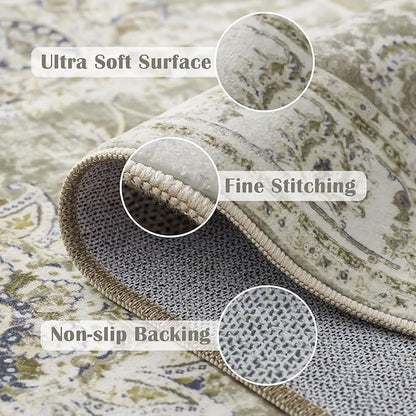 jinchan Fiora Runner Rug 2x5 Washable Hallway Runner- Vintage Floral Non Slip Low-Pile Soft Thin Kitchen Rug Distressed Carpet for Farmhouse Bedroom Entryway Laundry Room(2x5ft, Taupe)