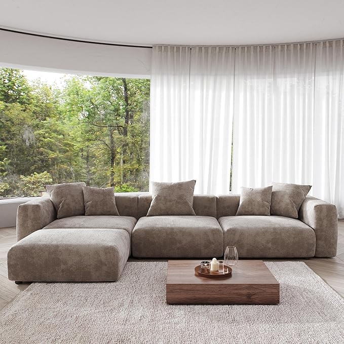 JACH Modern Sectional Couch Sofa, Corduroy Modular Sectional Couch with Chaise Ottoman, Cushion Covers Removable, Oversized Soft Couches for Living Room, Office (Light Brown)