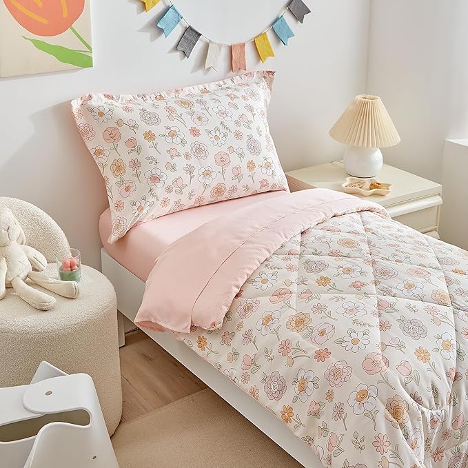 DuShow Floral 4 Piece Girls Toddler Bed Comforter Set Pink Flower Reversible Toddler Bedding Set Soft Baby Crib Bed Sheets Set in a Bag | Include Quilt Comforter,Flat Sheet,Fitted Sheet,Pillowcase