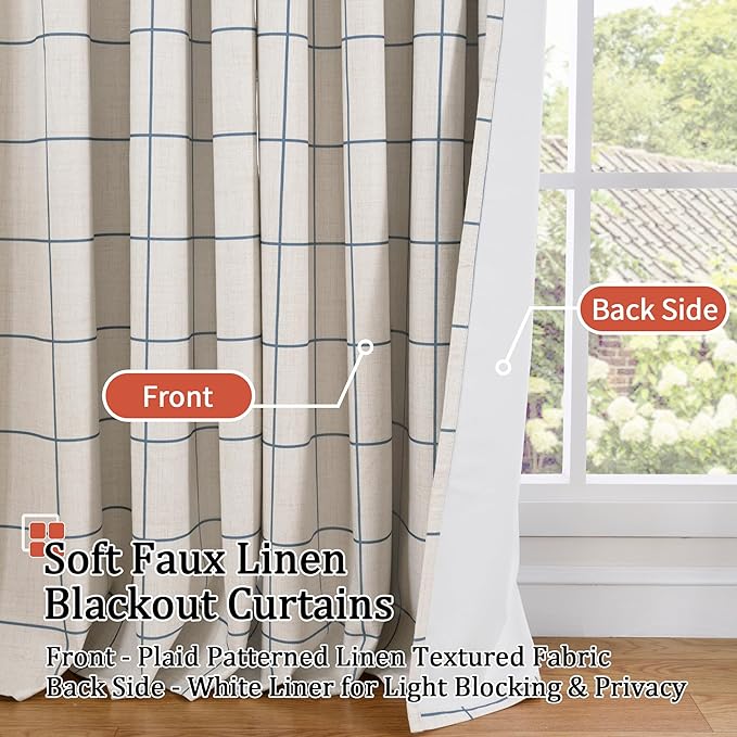 Navy Blue Plaid Curtains Pattern Printed 90 Inches Long - Total Linen Blackout Curtains for Living Room, Boho Grommet Drapes for Farmhouse Thermal Drapery 52x90 Inch 2 Panels